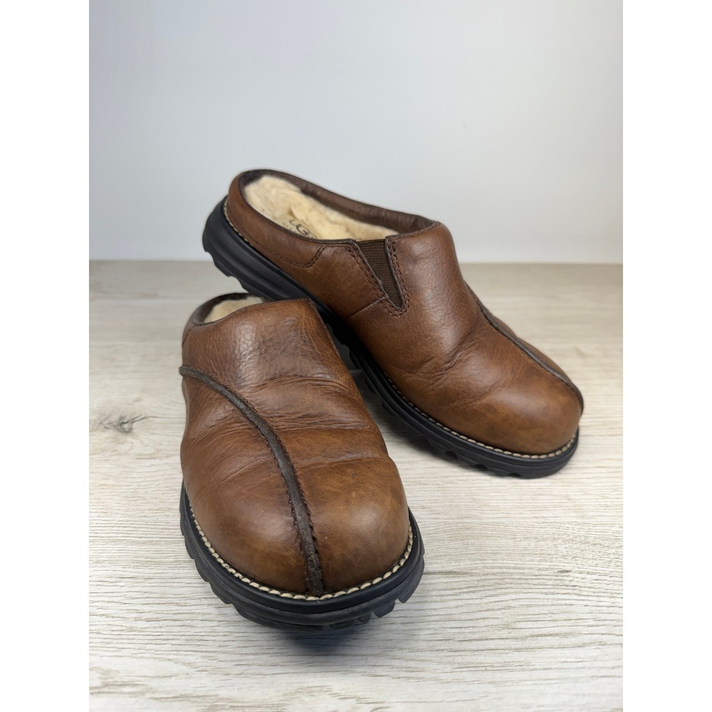 UGG Midtown 5348 Obsidian Brown Leather Shearling Slip On Mule Clog Womens 8